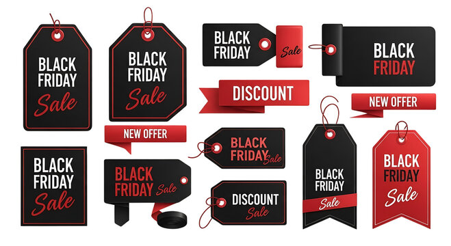 Collection of black and red black friday sale and discount tags isolated on transparent background