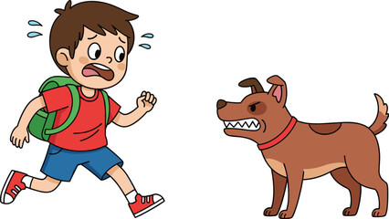 Scared boy running from angry dog, frightened child escaping barking pet, danger situation, kid afraid of animal attack outdoors cartoon illustration