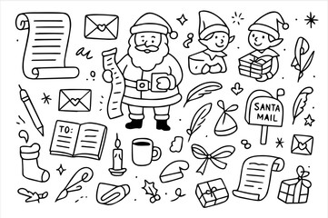 Hand-drawn doodle vector collection featuring Santa’s list and Christmas letters theme, illustrated in a playful sketch style, isolated on white background  
