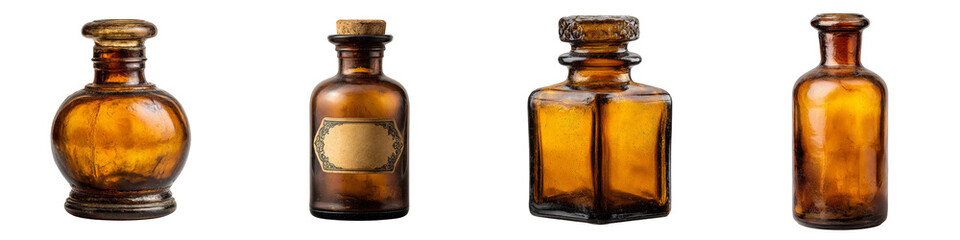 Vintage amber glass bottles collection antique design on transparent background