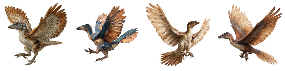 Obraz premium Realistic feathered dinosaurs flying in various poses on transparent background
