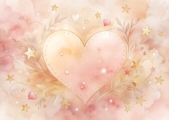 Soft watercolor heart with delicate stars and floral elements in a gentle pink and peach palette