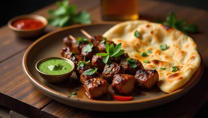 grilled meat tikka kabab with mint sauce and chapati