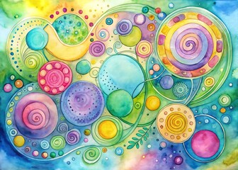 Vibrant abstract watercolor painting with colorful circles and organic shapes in a whimsical pattern