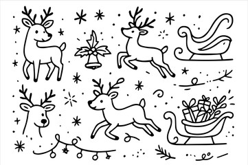 Hand-drawn doodle vector set featuring adorable reindeer and festive sleigh doodles, isolated on white background  
