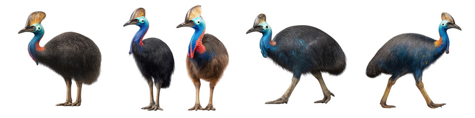Cassowary bird lineup displaying unique features and colors on transparent background
