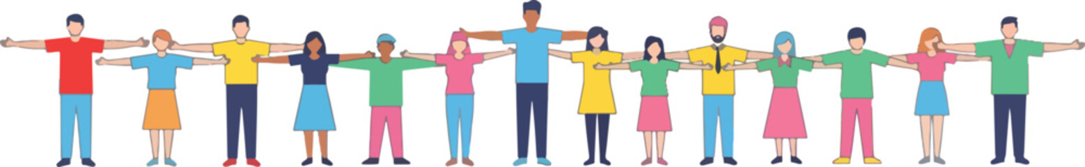 Diverse group of people standing side by side with arms outstretched, symbolizing unity