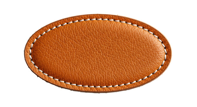 Oval brown leather patch with white stitching isolated on transparent background