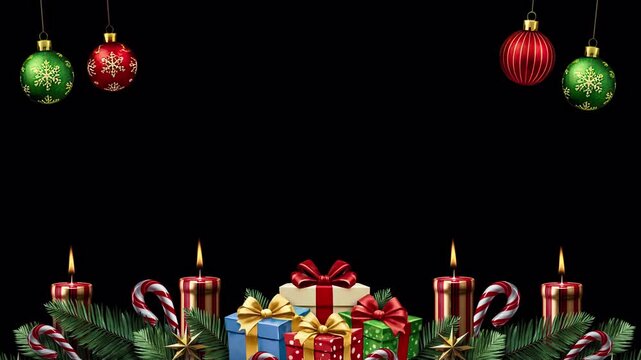 Experience Christmas magic frame with presents, twinkling candles, ornaments, candy canes, balls, and lush greenery with transparent background, festive holiday cheer
