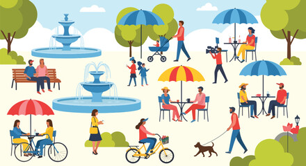 Vibrant illustration of a park scene with people enjoying various activities, creating a lively atmosphere