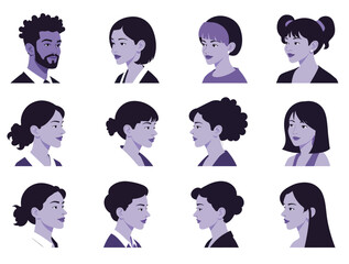 Vector illustration of collection of diverse people portraits, men and women, various hairstyles and ethnicities