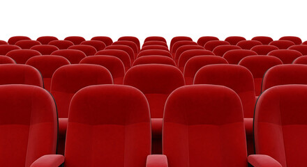 Fototapeta premium Rows of empty red cinema or theater seats facing forward isolated on transparent background