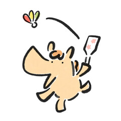 羽子板で羽根つきをして遊ぶ馬　正月素材・墨絵