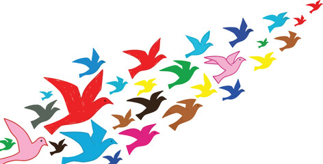 Colorful birds flying in formation, , symbolizing freedom, peace, and unity in diversity