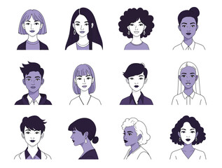 Vector illustration of set of diverse people avatars, men and women with unique hairstyles and facial features