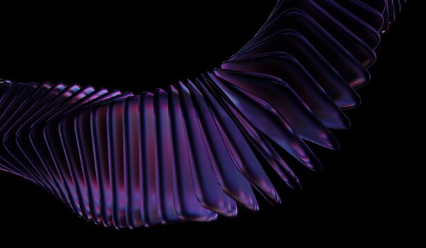 Neon light holographic gradient, blue purple caustic effect, glass chromatic cube block shapes render, abstract crystal pattern, and black 3D layer background 3D illustration showing.