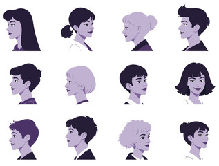 Vector illustration of diverse group of people portraits in profile view, showcasing various hairstyles, ethnicities, and ages