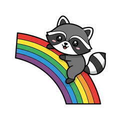 Cute raccoon sliding down a rainbow isolated on white background