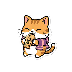 Adorable cartoon cat wearing a scarf holding a fish isolated on white background