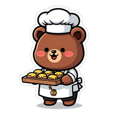 Cute cartoon bear chef holding a tray of pastries isolated on white background
