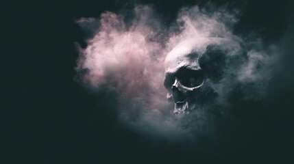 A human skull emerges mysteriously from swirling pink and grey smoke against a dark background evoking a sense of dread and mystery