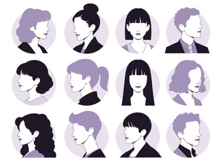 Vector illustration of variety of stylized profile portraits of men and women in circular frames