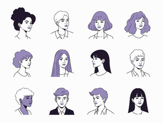 Vector illustration of collection of handdrawn portraits, men and women, diverse styles and hairstyles