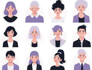 Vector illustration of collection of diverse cartoon avatars with various hairstyles and ethnicities