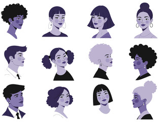 Vector illustration of set of diverse cartoon avatars in profile view, showcasing different hairstyles and ethnicities