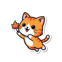 Orange cat holding a maple leaf isolated on white background