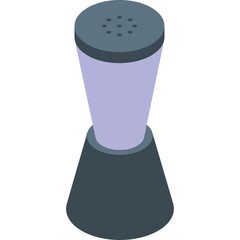 Isometric illustration of a salt shaker with purple seasoning inside and a grey lid with holes on a transparent white background