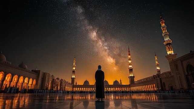 A silhouetted figure gazes at the Milky Way over an illuminated mosque at night