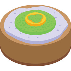 Isometric illustration of a single sushi roll with brown rice and green topping on a transparent background