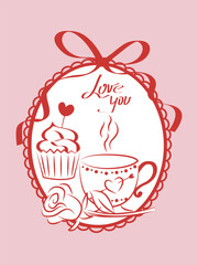 Romantic vector illustration featuring a steaming coffee cup, a heart-topped cupcake, and a rose, framed with a delicate ribbon. Perfect for love and Valentine s Day themes.