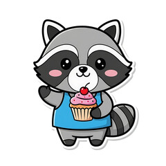Cute raccoon holding a cupcake isolated on white background