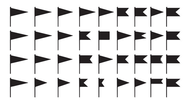 Collection of small black flags isolated on transparent background
