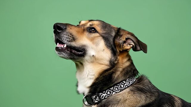 Captivating close-up portrait of a German Shepherd mix dog wearing a stylish collar looking upwards against a serene light green background, capturing its expressive gaze 4K Video