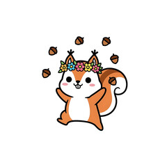 Happy squirrel with flower crown and acorns isolated on white background