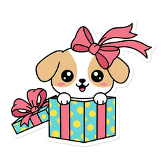 Cute puppy in a gift box with pink bow isolated on white background