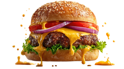 A cheese burger with bacon, salad, relish and gherkins against a white background