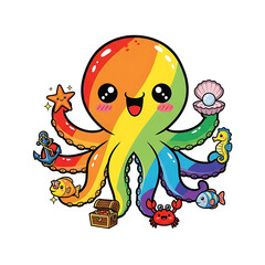 Rainbow octopus holding sea treasures isolated on white background