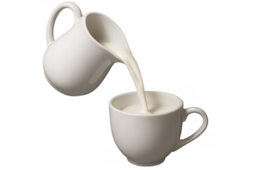 Pouring fresh milk from creamer into white cup