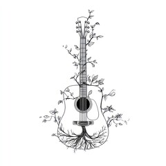 Acoustic guitar illustration with nature elements symbolic conceptual design
