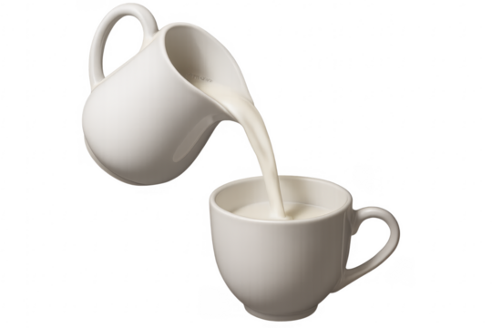 Pouring fresh milk from creamer into white cup