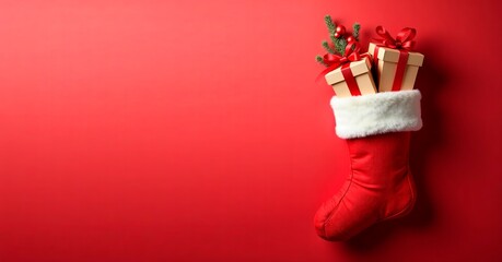 A red sock or boot with Christmas gifts on a green or red background.
