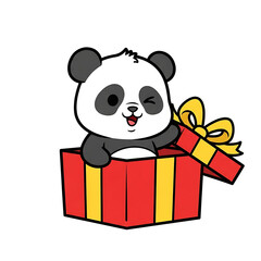 Cute panda in a gift box isolated on white background