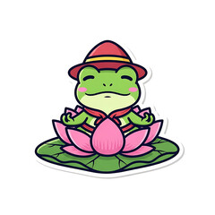 Frog meditating on a lotus flower isolated on white background