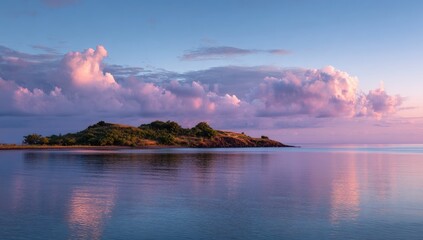 Island reflects dawn's rosy sky; calm water mirror fluffy clouds near distant landmass