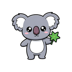 Cute cartoon koala holding a green leaf isolated on white background
