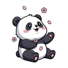 Happy panda cub sitting with flowers isolated on white background